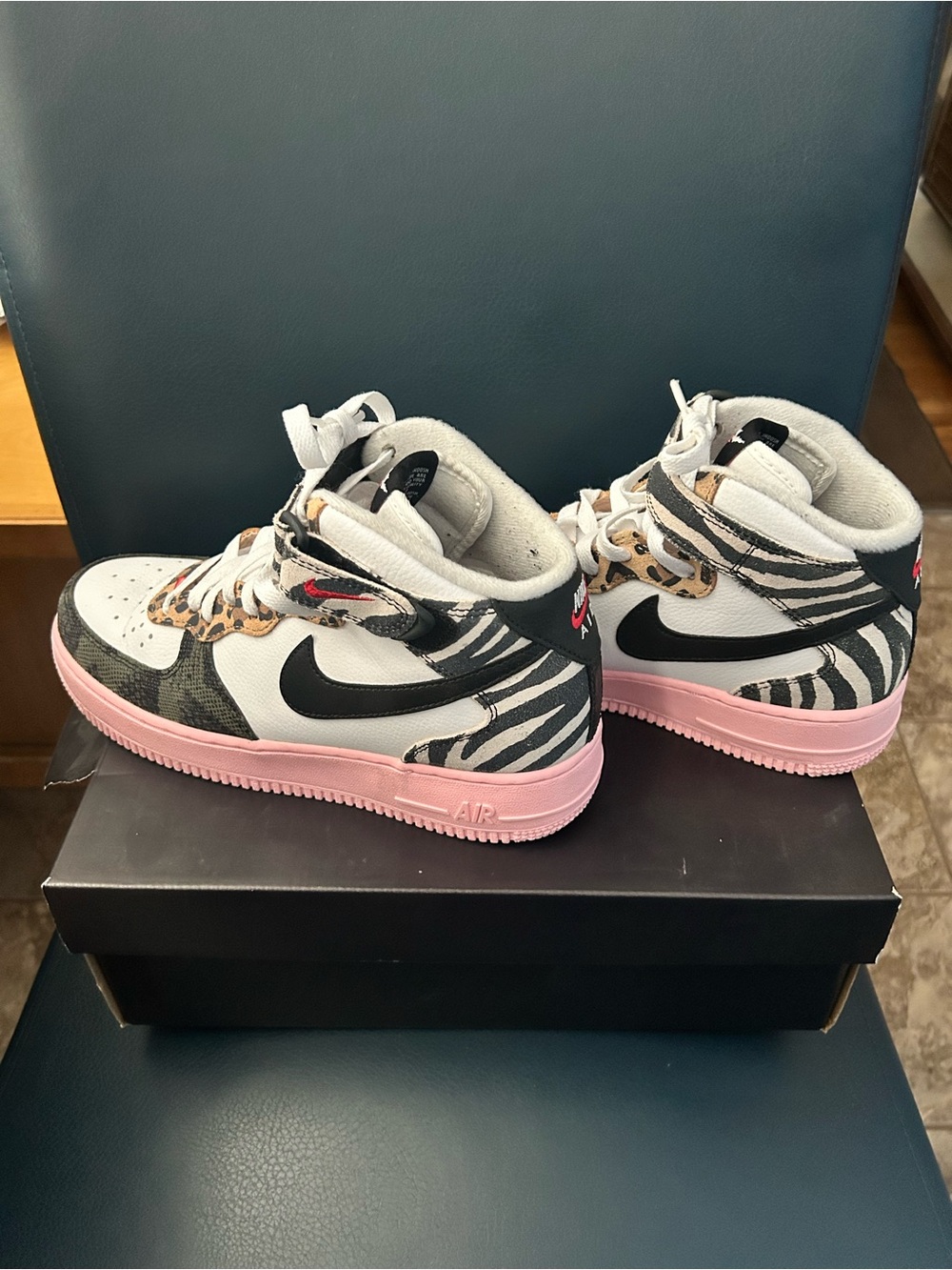 Nike Air Force 1 High-Top Sneakers - White, Black, Leopard & Pink Trim - Picture 6 of 9